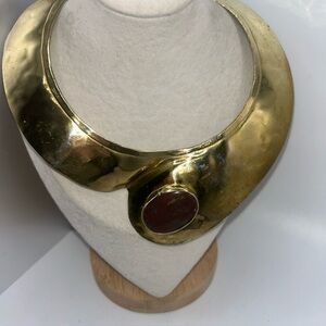 Vintage Brass Choker Collar W Red Carnelian 1980’s India Flexible Cuff